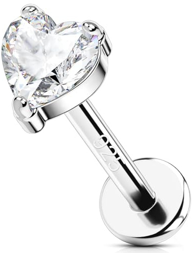 OUFER 16G Sterling Silber 925 Helix Ohrring Innengewinde Herz Tragus Stolate Clear CZ Lippenlabret Ringknorpel Daith Piercing Schmuck für Frauen 6/8 mm