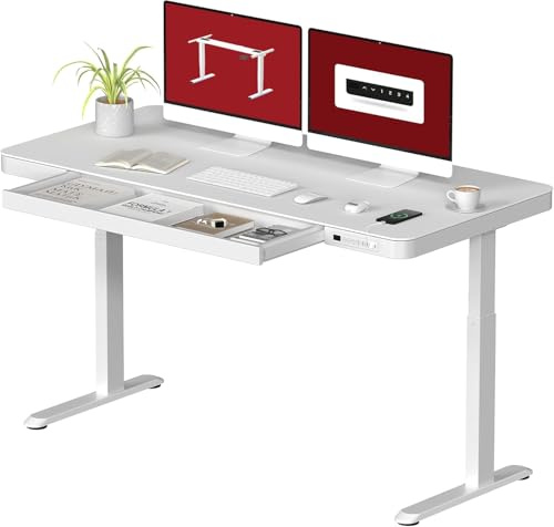 SANODESK Höhenverstellbarer Schreibtisch mit integrierter Schublade – Elegantes Homeoffice-Design mit eingebautem Bedienfeld für mehr Ordnung & Komfort im Arbeitsalltag (Weiß)