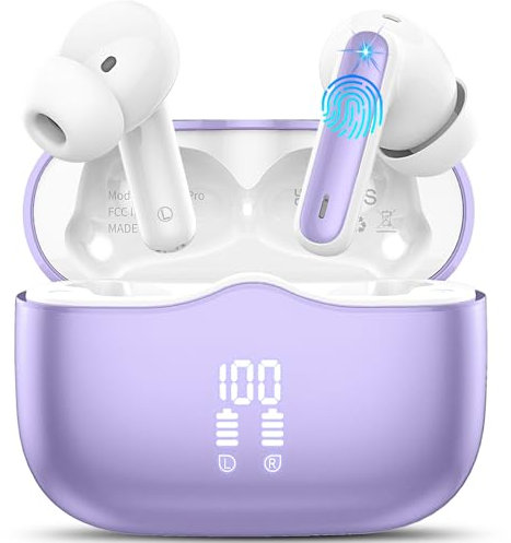 Wireless Earbuds, Bluetooth 5.4 Headphones in Ear Bass Stereo, 40H Wireless Earphones with 4 ENC Noise Cancelling Mic, IP7 Waterproof Bluetooth Earbuds LED Display, Hands-Free Calls with AI, Lavender