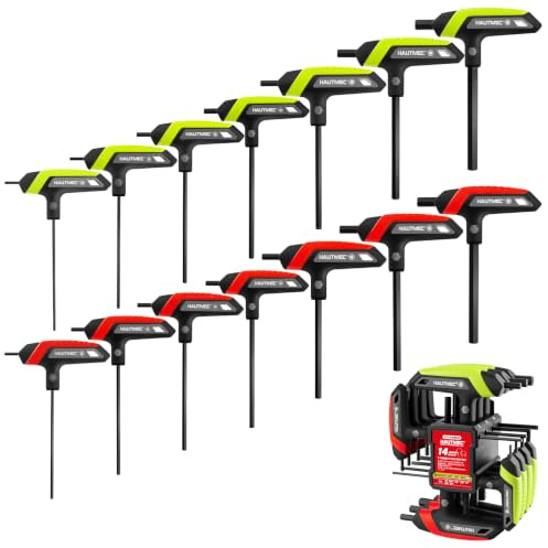 HAUTMEC 14-Piece T-Handle Allen Wrench Set, SAE & Metric T-Handle Hex Key Set, High Torque CR-V Steel Allen Key Set with Storage Rack, for Bike, Motorcycle, Furniture & Auto Repair, HTHKH25040-UK