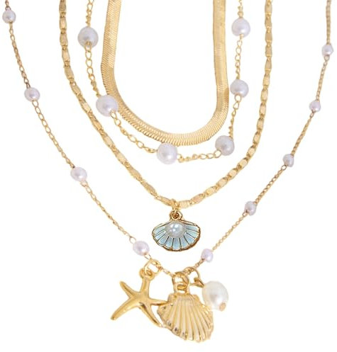 Snyvpra 4 in 1 Muschel Kette, Gold Muschelkette Layer Charm Kette für Dame, Perlen-Muschelkette, Boho Beach Halskette, Verstellbare Halskette, Muschelkette Damen für Alltagsträgerin bis Festtagslook