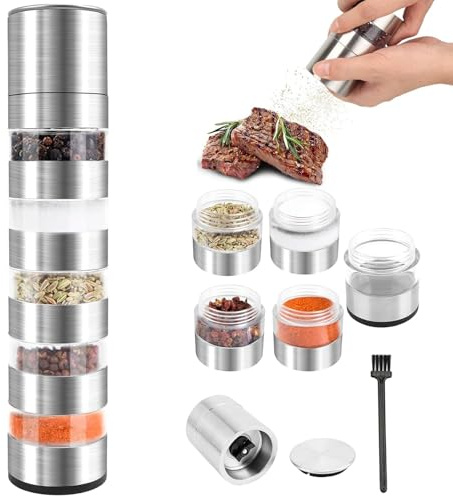 5-in-1 Salt and Pepper Grinder Sets,Stainless Steel Salt and Pepper Spice Shaker Mill Sets,Mini Spice Jar Set for Outdoor BBQ Camping Picnic Peppercorns Seasoning Mill Sets