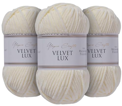 Utopia Crafts Velvet Lux Chenille Wolle 3×100g – Superweiche Häkelwolle & Strickwolle für Decken, Spielzeug, Amigurumi – Häkelnadel 5,5mm, Flauschig (Elfenbein)