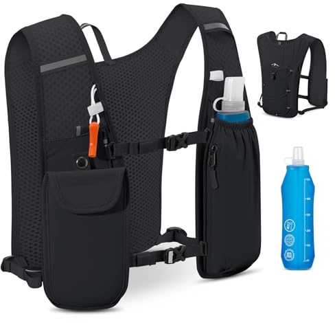 Running Vest for Women Men Lightweight Reflective Hydration Vest Backpack with 500ml Water Bottle for Marathons Trail Running Cycling Hiking (All black)