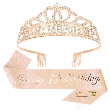 EXIPSAT 18. Geburtstag Krone-Schärpe-Set, Rosegold Diadem für Birthday Girl, Mädchen-Prinzessin Tiara, Geburtstagsparty-Accessoires, Geschenk zur 18. Feier