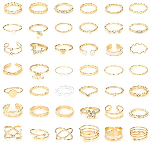 Bagues Or Femme, 42 Pièces Empilables Vintage en Alliage, Ouvertes Réglables Boho avec Perles, Cœurs, Fleurs, Feuilles et Strass, Phalange Bijoux Boho pour Femmes Filles