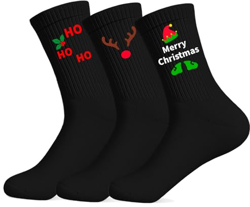 PIujsym 3 Paar Weihnachtsstrümpfe Damen Herren, Schwarz Weihnachts Socken mit Elfen Rentier Ho Ho Ho Motiven, Kuschelsocken Weihnachten Ideal als Festliches Geschenk und Accessoire