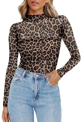 Zeagoo Nättopp damer transparent t-shirt rund hals nätskjorta långärmad sexig fest toppar smal passform långärmad tröja klubbkläder, Leopardtryck, XS