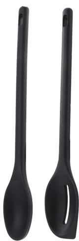 POPETPOP Cuillère de Cuisine Silicone Multifonction Lot Cuillères à Fentes Noires Antiadhésives Ustensiles Pratiques pour Mélanger Servir et Égoutter Réutilisable