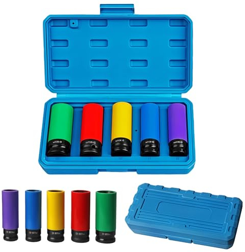 Douille Clé à Choc 1/2 Set 5 Pièces, Douille à Choc pour Écrous de Roue, 15/17/19/21/22mm, Protection Jantes Aluminium, Pour Changement de Pneus et Roues