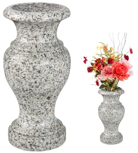 Jarrón de cementerio, jarrón torneado de granito pulido, jarrón funerario con agujeros de drenaje para mesa, casa, flores de cementerio, decoraciones funerarias (gris, 1 pieza)