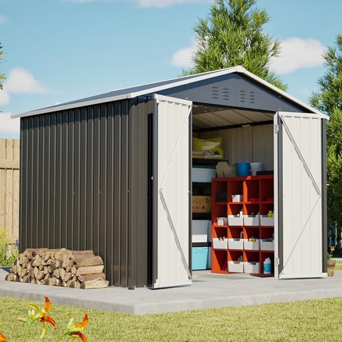Fppuueg Cobertizo de Jardín Exterior 240.4x192.3x191 cm, Cobertizo de Almacenamiento con Techo Inclinado, Metálico Caseta de Jardín con Puerta y Ventilación, Casa de Herramientas, Negro