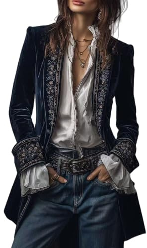 Blazer Mujer - Chaqueta Larga Bordada De Terciopelo Vintage para Mujer con Exquisito Bordado Floral Blazer De Terciopelo con Solapa con Muescas Retro Traje Bohemio con Frente Abierto Ropa De Abrigo