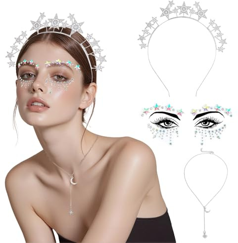 TESGADGETS Haarreif Sterne Silber Damen Glitzer Haarreif mit Sterne Strass Gesichtstattoo Halskette Karneval Fasching Kopfschmuck Sterne Silber Stirnband für Damen Mädchen