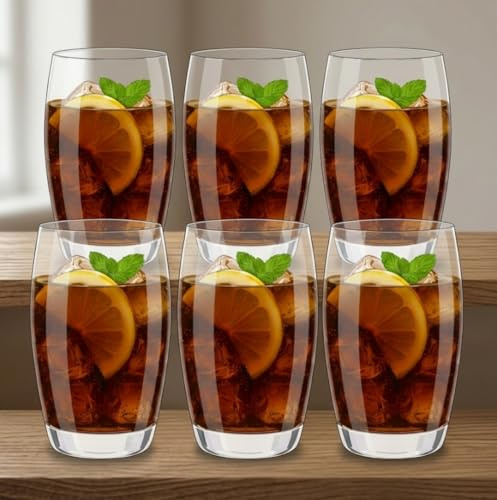 Premium Highball Glasses Set, Clear Glass Tumblers for Water, Gin, Juice, Cocktails, 355ml Capacity, Dishwasher Safe, 6 Pack