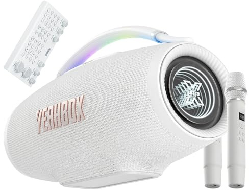 YEAHBOX Sonic Boom Ultra K Karaoke Lautsprecher Bluetooth, Partylautsprecher mit 2 kabellosen Mikrofonen & Mixer, 320W RMS, 3-Wege 5-Treiber System, HDMI ARC, LED Licht, TWS, Outdoor (Weiß)