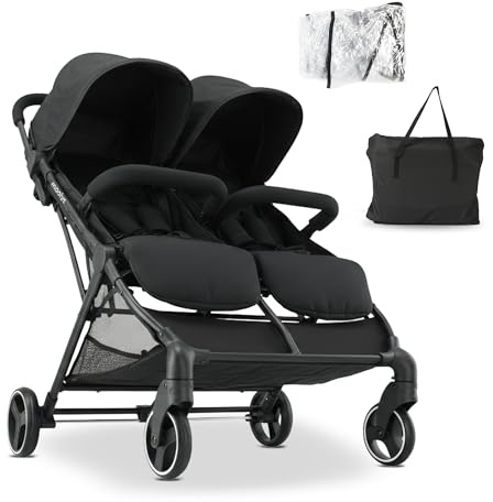 Mooiys Tess Dubbelstolle för syskon, från födseln till ca 4 år (22 kg), lätt, vikbar, självbärandes, stort förvaringsfack, regnskydd och transportväska, svart