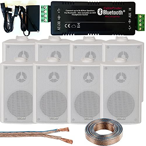 Bar & Restaurant Bluetooth Speaker Kit – 8x 60W White Wall Mounted Satellite/Corner Speakers & Amp Amplifier – Wireless Background Music – Pub, Club, Shop, Café, Office – Loops