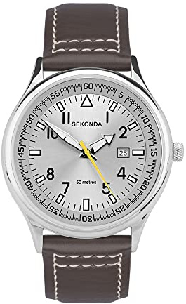 Sekonda Herrklocka 42 mm pilotstil med analog display datumfönster och läderrem 50 m vattentålig, SILVER, armband
