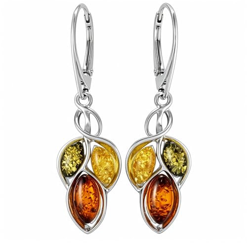 GIA Certified Multicolor Baltic Amber Earrings “April” in 925 Sterling Silver – Green Honey Cognac Amber Drop Dangle Earrings for Women, Leverback Closure