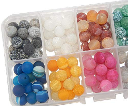 Perlin 150stk Edelstein Achat Perlen set mit Sortierbox 8mm Matt Naturstein Crackle und Streifen 10 Farben Schmuck Bastel-Set