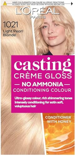 Casting Crème Gloss 1021 Pearly Light Blonde: This no-ammonia, semi-permanent hair colour lasts 32 washes. Achieve up to 3x glossier, 4x silkier, healthier hair with a shimmering pearly light blonde.