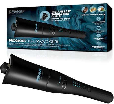 REVAMP Hollywood Curl Auto-Rotate Ceramic Hair Curler - Ceramic, Ionic Barrel, Tangle Free Waver, Curling Iron Tong for Tight Curls, Beach Waves - Rotating Styler, Wavy Hair Curler
