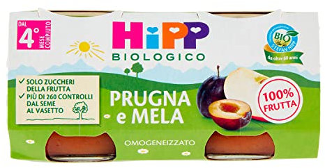 HiPP Omogeneizzato Biologico di Prugna e Mela dai 4+ Mesi, 2 x 80g
