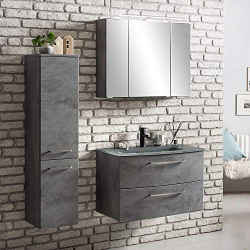 Lomadox Badezimmer Möbelset 3-teilig, Oxid Stone, inkl. 3D Spiegelschrank, Glas-Waschtisch grau, B/H/T: ca. 135/200/49cm