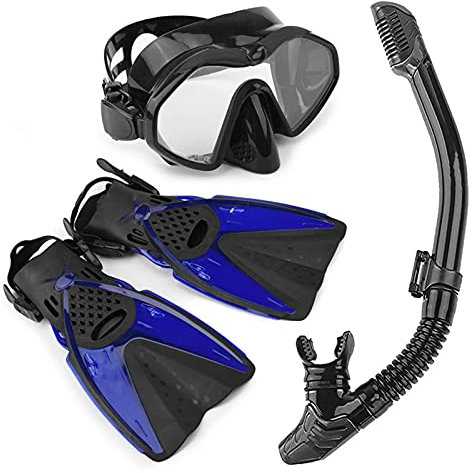 HGYJ Schnorchelpakete für Erwachsene, Trockenschnorchelsystem + Silikon-Tauchmaske HD-Sichtfeld + Verstellbare Flossen Dreiteiliger Anzug, Für Herren/Damen Schwimmen Tauchen,Blue,ML/XL