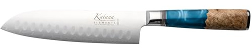 Katana Saya Elements 18 cm Santokumesser, Ozeanblau – VG-10-Damaststahl mit hohem Kohlenstoffgehalt für extreme Robustheit und Schärfe – Griff aus natürlichem Olivenholz und Harz
