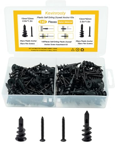 Kevinrooty 2 Sizes Self Drilling Drywall Plastic Anchors with Black Philips Flat Head Screws kit 140PCS, Self Tapping Sheetrock Anchors Hanging and Mounting 50-75lbs