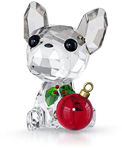 Swarovski Holiday Cheers Mops, Weihnachtliches Ornament mit Schwarzen, Grünen und Klaren Kristallen sowie Roten und Goldenen Details