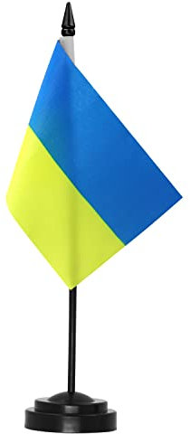 Anley Ucraina Deluxe Desk Flag Set - 15,2 x 10,2 cm miniatura ucraino UKR UA bandiera desktop con 30,5 cm asta solida - colori vivaci e resistente allo sbiadimento - base nera e parte superiore lancia