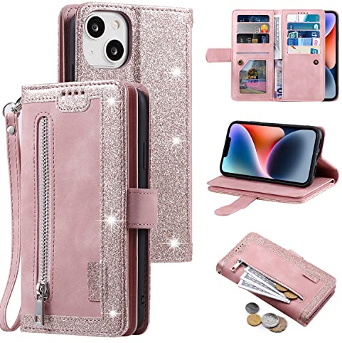 EYZUTAK Wallet Phone Case for iPhone 14 Pro Max, Retro Matte 9 Card Holder Slots Zipper Pocket Case PU Leather Magnetic Closure Kickstand with Wrist Strap Folio Flip Case - Rose Gold
