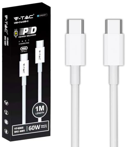 V-TAC Cable USB-C a USB-C de 1 Metro para Smartphone, Iphone 15 PRO, Computadora, Tableta - PD 60W - Cable Tipo-C para Carga rápida y transmisión de Datos - Compatible Iphone y Samsung