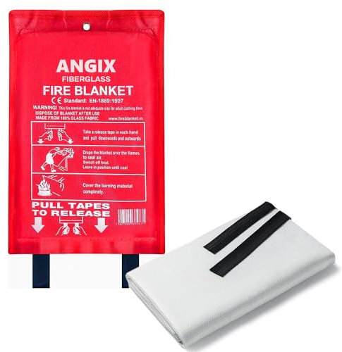 ANGIX 1M x 1M Fire Blanket, Flame-retardant Kitemarked Fiberglass Fire Suppression Emergency Survival Safety Fire Blankets for Kitchen, Home, Office, Garage & Caravan