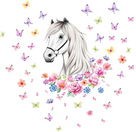 INNAL Wandtattoo Pferdekopf Blumen Wandsticker Schmetterlinge 30X40CM | Wandtattoo Kinderzimmer Mädchen Wandtattoo Pferd für Jungen Mädchen Wandaufkleber Kunst Dekoration