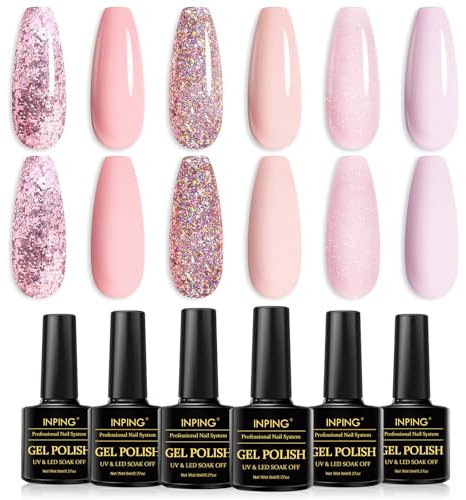 INPING UV Nagellack, 6 Stück Nude Rosa Glitzer Gel Nagellack Set, Sparke Diamant Champagner Hellrosa Schimmer Gelnägel Soak Off UV für Hochzeit Valentinstag Französisch Maniküre Kit