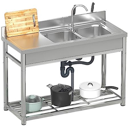 Fregadero Cocina 2 Senos Fregadero De Lavandería Portátil Con Grifo Y Desagüe De Inmersión Independiente Fregadero De Doble Uso Para Lavado De Vajilla Para Interior Al Aire Libre Garaje Lavandería (C