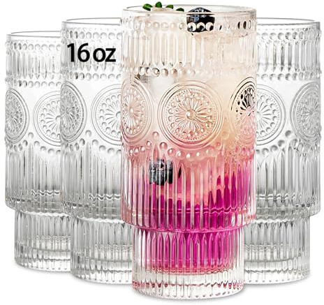 SoulTimes 4 Pack Large 16oz Ribbed Glassware Set, Flower Design Stackable Glass Cups, Vintage Textured Clear Striped Drinking Glasses Set, for Bar Beverages,Juice,Water,Cocktail,Iced Coffee