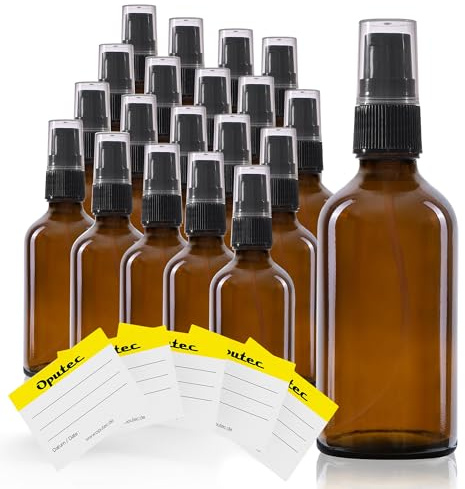 Oputec Lot de 20 distributeurs à pompe de voyage en verre marron + 20 étiquettes - Petites mini bouteilles - Distributeur de lotion à remplir