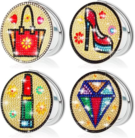 IFASHIHOME 4 PCS Compact Mirror DIY Pocket Mirror with Diamond Painting Cover Double-Sided Portable Folding Purse Makeup Mirror Art Kits for Women Gift