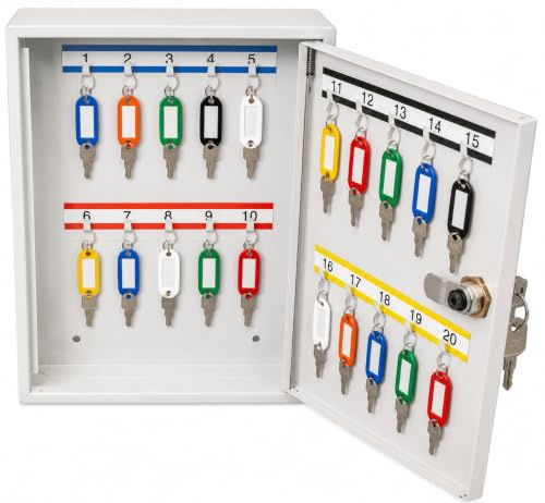 LEOMAR Schlüsselschrank, Schlüsselkasten mit 20 Haken, Schlüsselbox aus Stahlblech, mit Festen Hakenleisten, Organizer zur Wandbefestigung, Abschließbar, mit Montagematerial, 6 x 20 x 22 cm