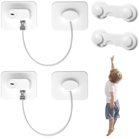 GGUFAY 4PCS Lucchetto Frigorifero Bambini, Autoadesiva Cavo Limitatore Apertura Finestra Serrature per Finestre per Bambini, Blocco per Frigo Cassetto Armadi