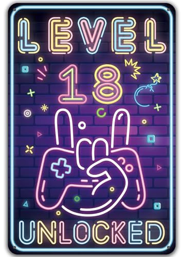 Blechschild 18.Geburtstag Junge, Level 18 UNLOCKED, 18 Jahre Geburtstag Deko, lustiges Geburtstagsschild 18, Gamer Geburtstagskarte 18, Metallschild Geschenk Gamer Geburtstagsgeschenk Zocker Zubehör