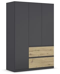 Rauch Möbel Costa, Schrank, Grau metallic/Eiche Artisan, Breite 136 cm | Kleiderschrank, 3-türig, 2 Schubladen, Push-to-open, Zubehör Basic, für Schlafzimmer, Kinderzimmer, Babyzimmer, Garderobe