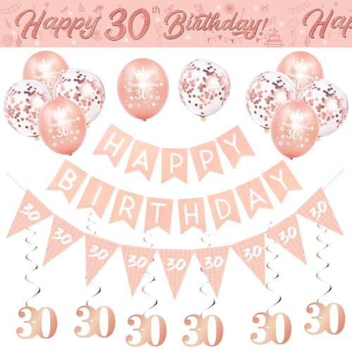 Happy 30th Birthday Decorations Banners Balloon for Women Rose Gold Pink | Banner Bunting Foil Hanging Swirls Triangle Flags Balloons