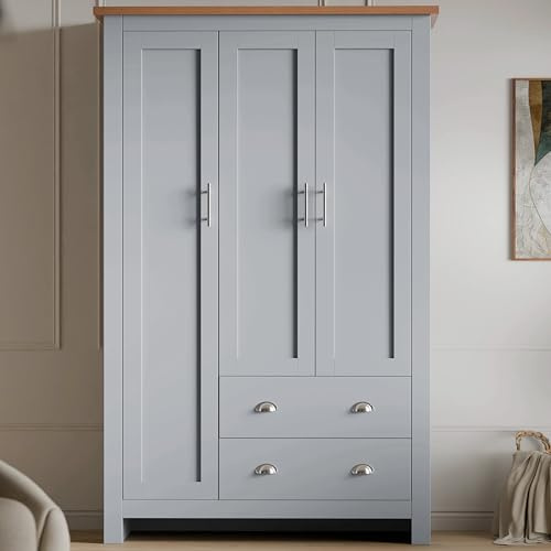 Blisswood 3 Door 2 Drawer Wardrobe For Bedroom MDF With Shelf Hanging Rail Cloth Storage Wooden Wardrobe With Drawer Large Cupboard Bedroom Furniture, Grey & Oak