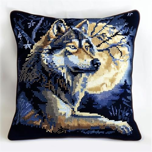 kitphoenix Knüpfkissen Set Tier Wolf Latch Hook Kissen Kit für Kinder oder Anfänger Erwachsene zum Selber Knüpfen, DIY Knüpfteppich Knüpfpackung, Knüpfhaken Set 43 x 43 cm